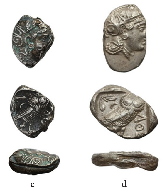 Two pi-style tetradrachms shown in obverse, reverse and edge views. Their irregular outlines and layered edges reveal folded silver blanks.