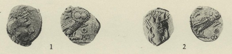 Both sides of the two drachms in the Piraeus hoard, numbered 1 and 2 in Thompson’s catalogue.