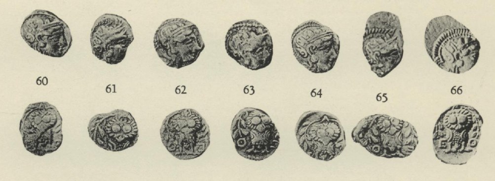 Seven triobols from the Piraeus hoard, catalogue numbers 60–66, showing Athena above and the facing owl below.