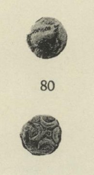 Piraeus hoard obol, Thompson no. 80: obverse above, reverse below. Four crescents arranged back to back. The other six obols in the hoard have an owl reverse.
