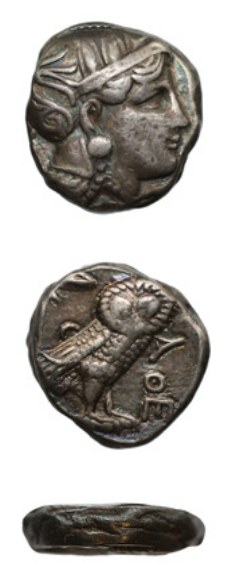 A third-century Athenian tetradrachm from the Thessaly hoard, shown from the front, back and edge.